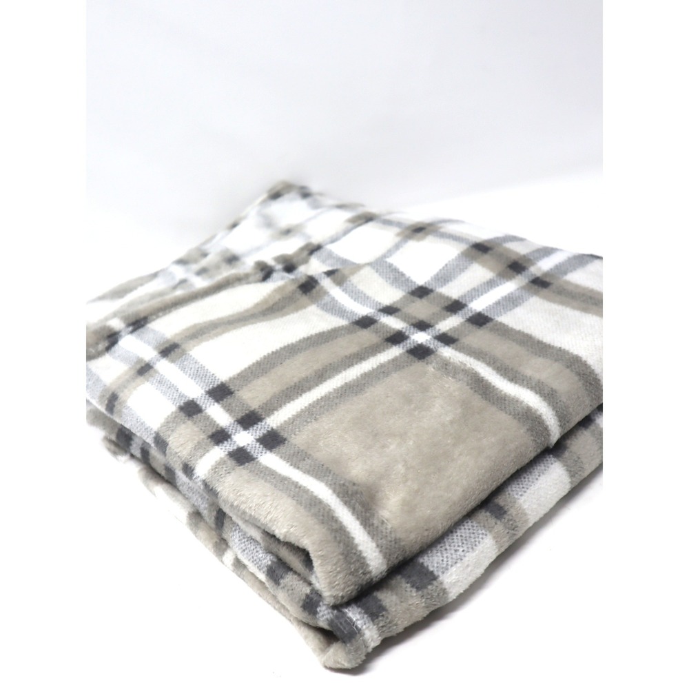 Warm Gray Plaid Plush Throw 50x60 Soft Fleece Blanket Griege Khaki Beige Fall